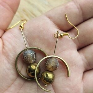 Gold-plated Semicircle-Framed Earrings with Metal and Quartz Beads